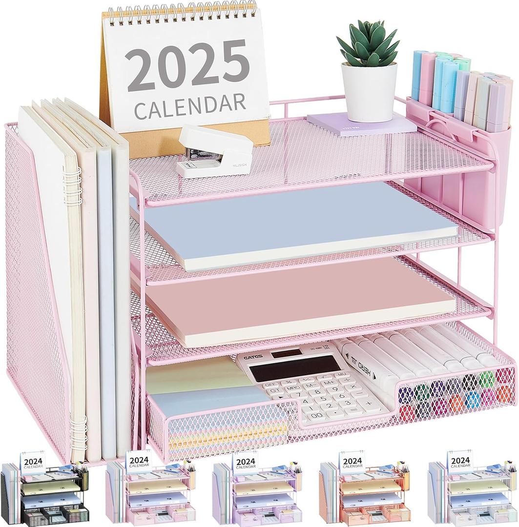 OPNICE Desk Organizer, 4-Tier Desktop File Organizer with Drawer and 2 Pen Holders, Office Desk Accessories, File Sorters, Workspace Organizers for Office Supplies(Pink)