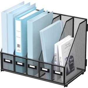SUPEASY Desk Organizers Metal Desk Magazine File Holder with 5 Vertical Compartments Rack File Organizer for Office Desktop, Home Workspace, Black (Small)