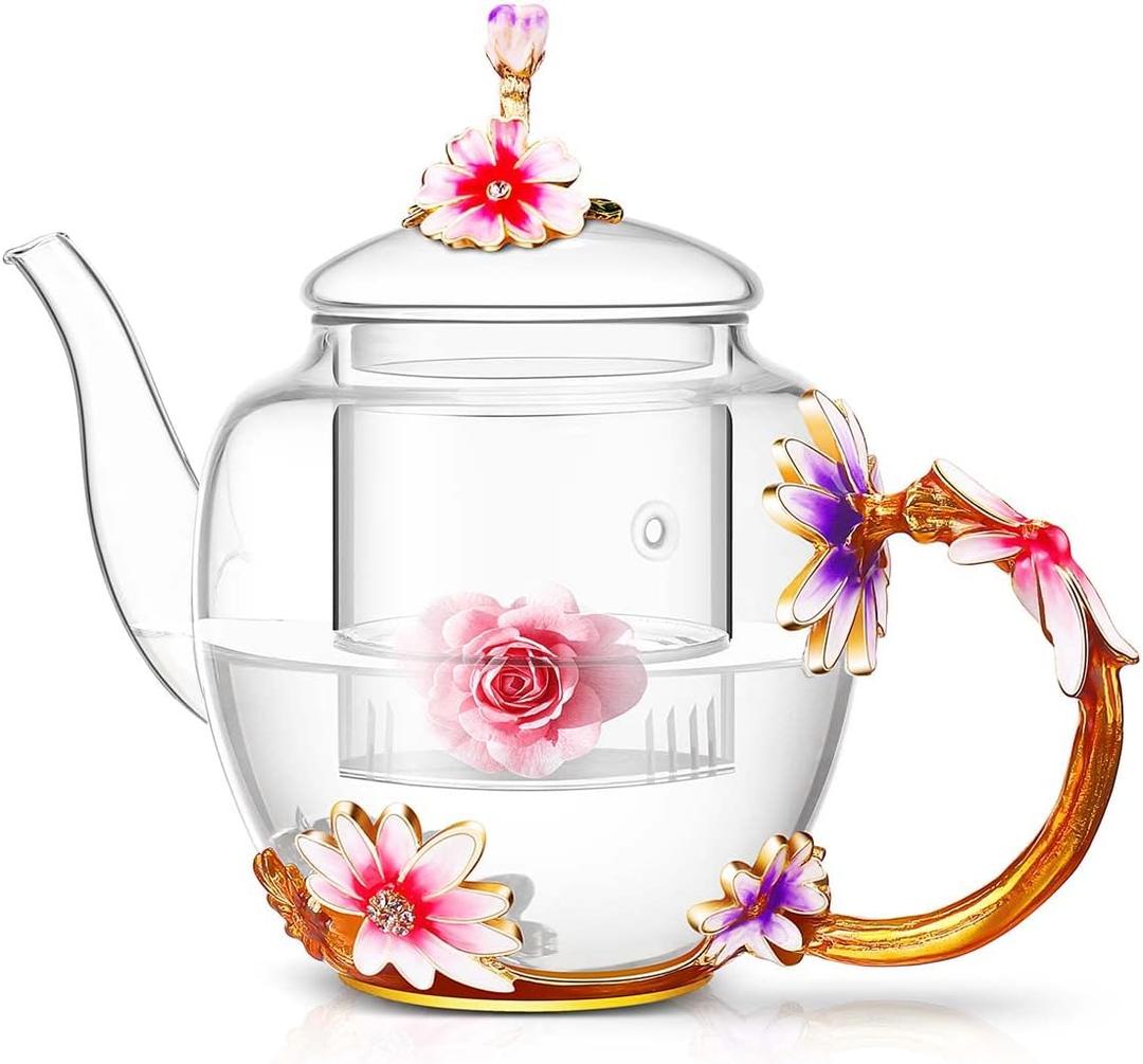 Luka Tech 35OZ Enamel Glass Flower Teapot With Removable Loose Tea Leaf Infuser Tea Maker,Gifts For Women,Mom,Mothers Day,Christmas,Birthday,Valentines Day,4 cups