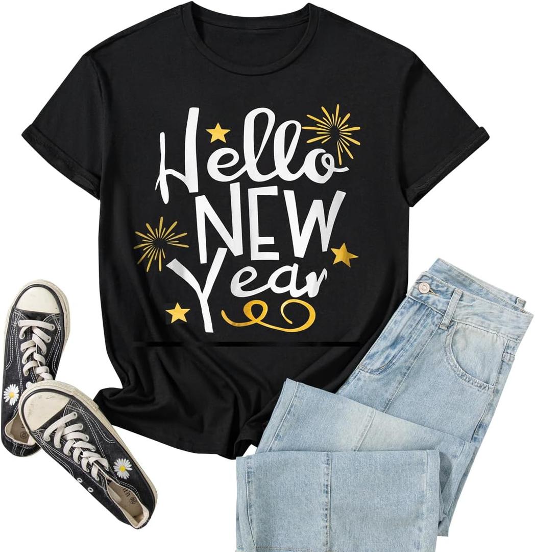 Hello New Year Shirt Womens New Years Eve T Shirt Celebrate 2026 Tee (Medium, Black)