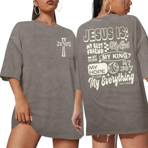 Christian Shirts for Women Jesus Loves You Acid Wash Shirt Oversized Religious Faith T-shirts Bible Verse Short Sleeve Top (Medium, Light Brown)