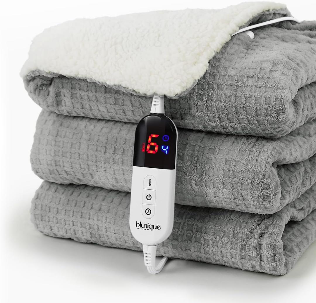 blunique Heated Blanket Electric Throw Waffle, 50x60 Inches Sherpa Fleece Fast Heating Blanket 6 Heating Levels & 4 Hours Auto Off ETL Certification, Grey Throw