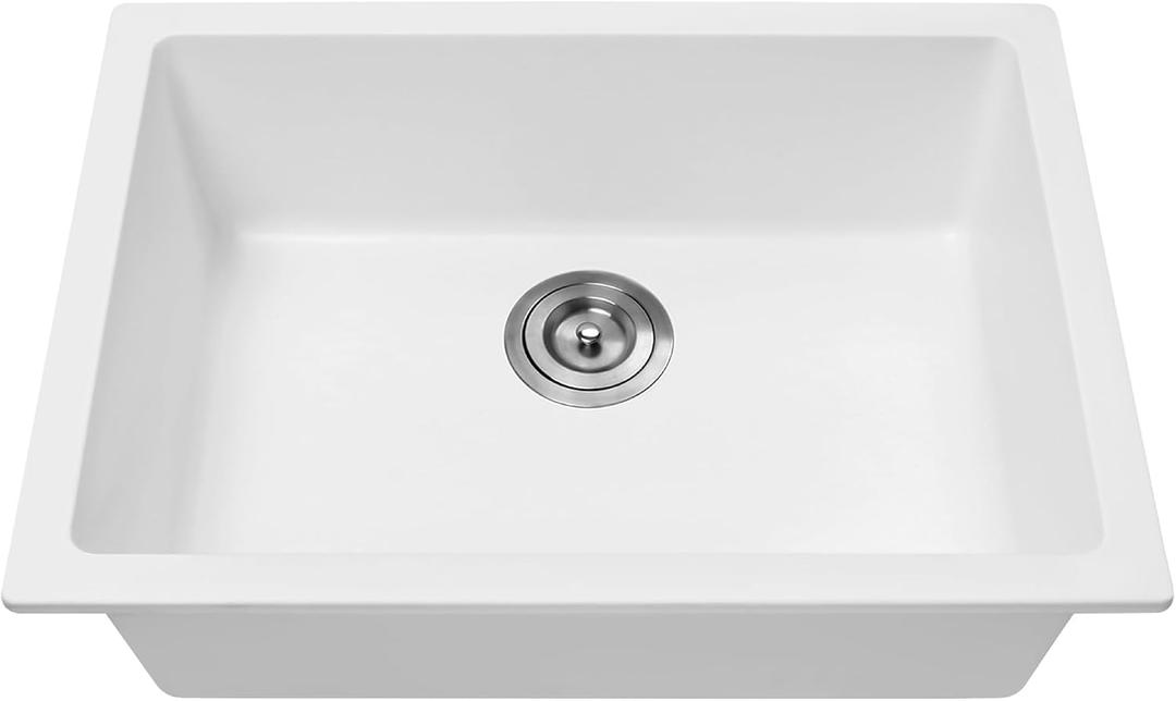 Enbol 24 Inch Undermount Kitchen Sink White Quartz Undermount Kitchen Sink Single Bowl Granite Composite Sink with Strainer 2418-W (24”X18”)