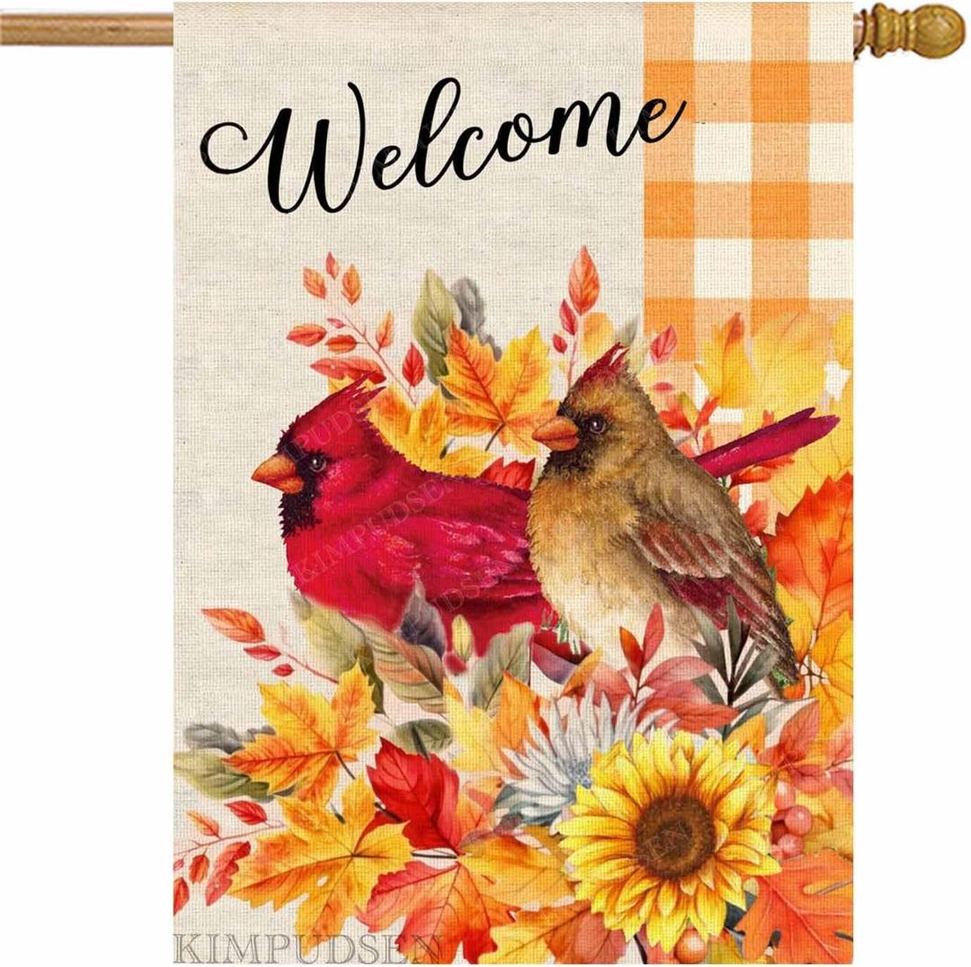 Welcome Fall Cardinal Birds House Flag 28x40 Double Sided Autumn Leaves Burlap Yard Flag for Thanksgiving Holiday Outside Decorations