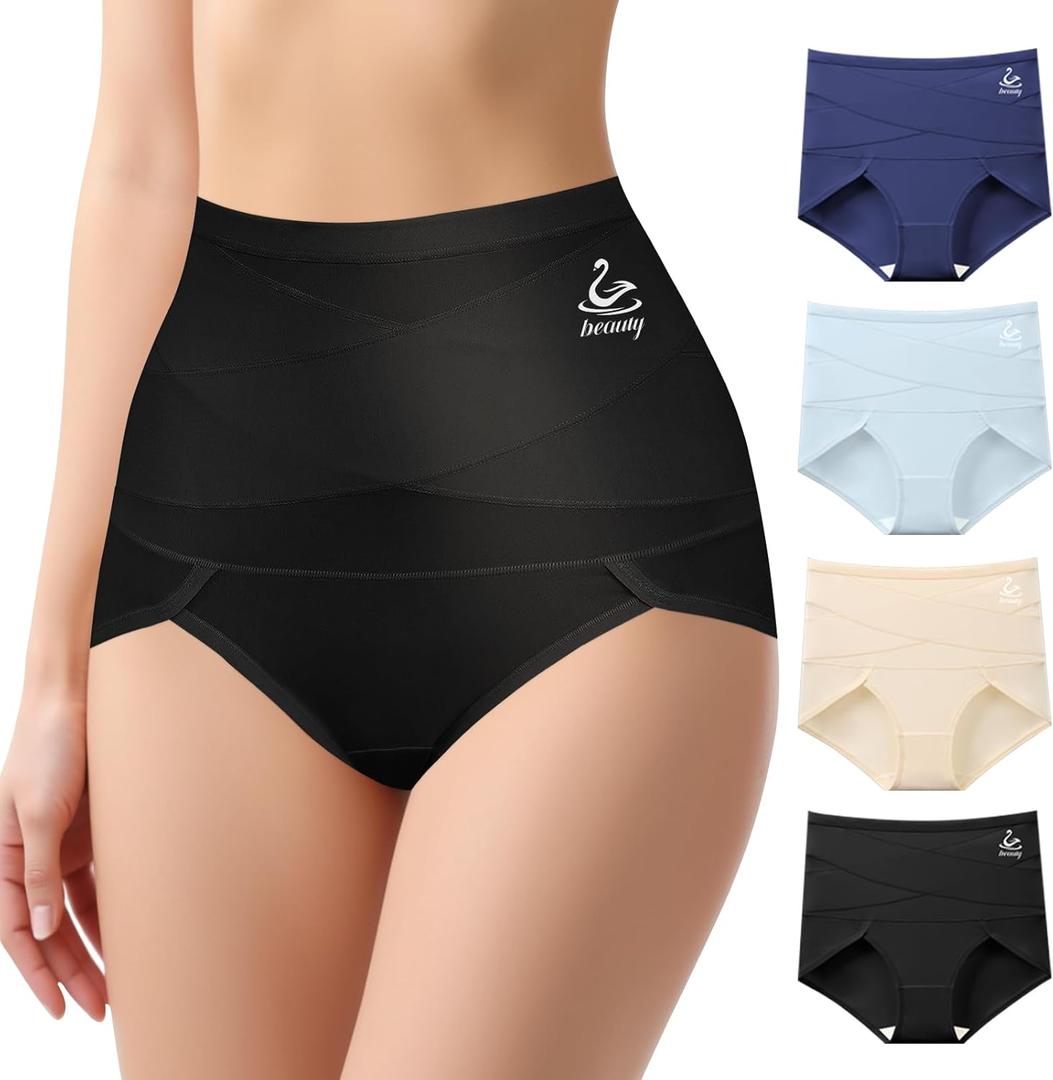 Women's High Waisted Underwear, Tummy Control high cut Panties Full Coverage Postpartum Briefs underwear 4 pack (Medium, Multicolor-deep Blue&light Blue& Skin Tone& Black)