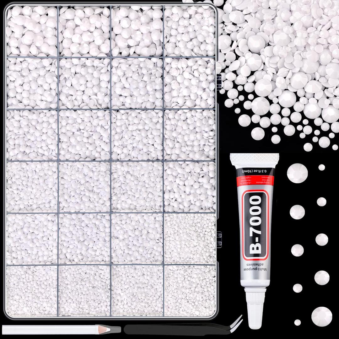 25000Pcs Resin Rhinestones for Crafting, White 2-6mm Mixed Sizes Non Hotfix Flatback Gems with 1Pcs Glue, Bedazzling Crystal for DIY Craft Clothing Mugs Tumblers Shoes Fabric Decor Nail Art