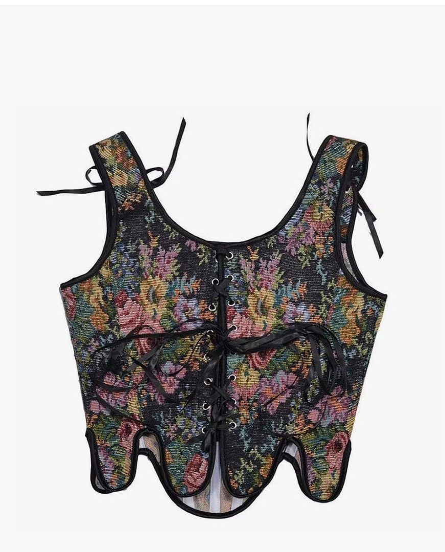 Renaissance Corset Tops for Women Vintage Bustier Overbust Boned Floral Crop Top Lace Up Tank Vest Shapewear, Size 42 