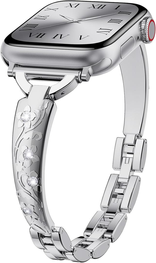 Diamond Metal Bands for Women Compatible with Apple Watch Band 38mm 40mm 41mm 42mm 44mm 45mm 46mm 49mm Simple and Stylish Adjustable Metal Band for iWatch Series1/2/3/4/5/6/7/8/9/10/SE (Silver)