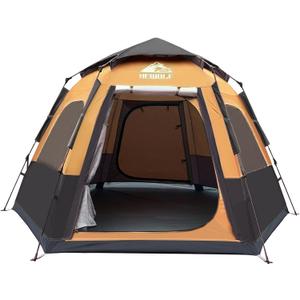 Hewolf 2/3/4 Person Camping Tent - Instant Pop Up Waterproof 2 Doors Tent with Easy Setup | 3-Season Hexagonal Dome Design for Family, Hiking & Traveling (Single-layer Yellow)