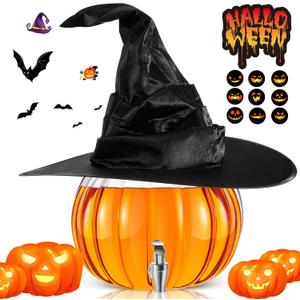 12 Pcs Halloween Pumpkin Dispenser Kit for Trick or Treat, Include 2 Gallon Glass Pumpkin Bowl Beverage Drink Dispenser with Spigot, Halloween Witch Hat and 10pcs Spooky Stickers