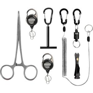 Booms Fishing FF3 7 PCS Fly Fishing Tools Kit, Fishing Knot Tool and Line Clipper Retractor, Magnetic Net Release with Lanyard, Fly Fishing Tippet Spool Holder, Hook Remover Forceps (Black)