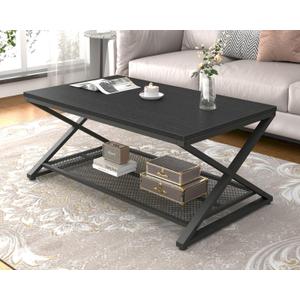LVB Black Coffee Table, Metal Wood 2 Tier Center Tables with Storage Shelf, Modern Rectangular Cocktail Tea Table for Living Room, Wooden Middle Concrete Table for Office Bedroom, 39 inch, Black Oak
