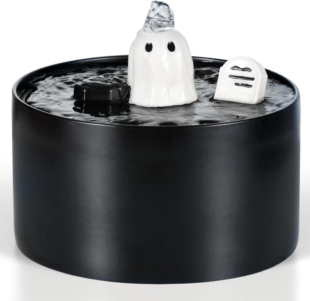 Gothic Style Cat Water Fountain - 1.5L 50oz Ceramic Automatic Pet Fountain Cat Dog Water Dispenser - Strong Filtration System Quiet Pump USB Port Large Size for Multiple Pets - Happy & Polly