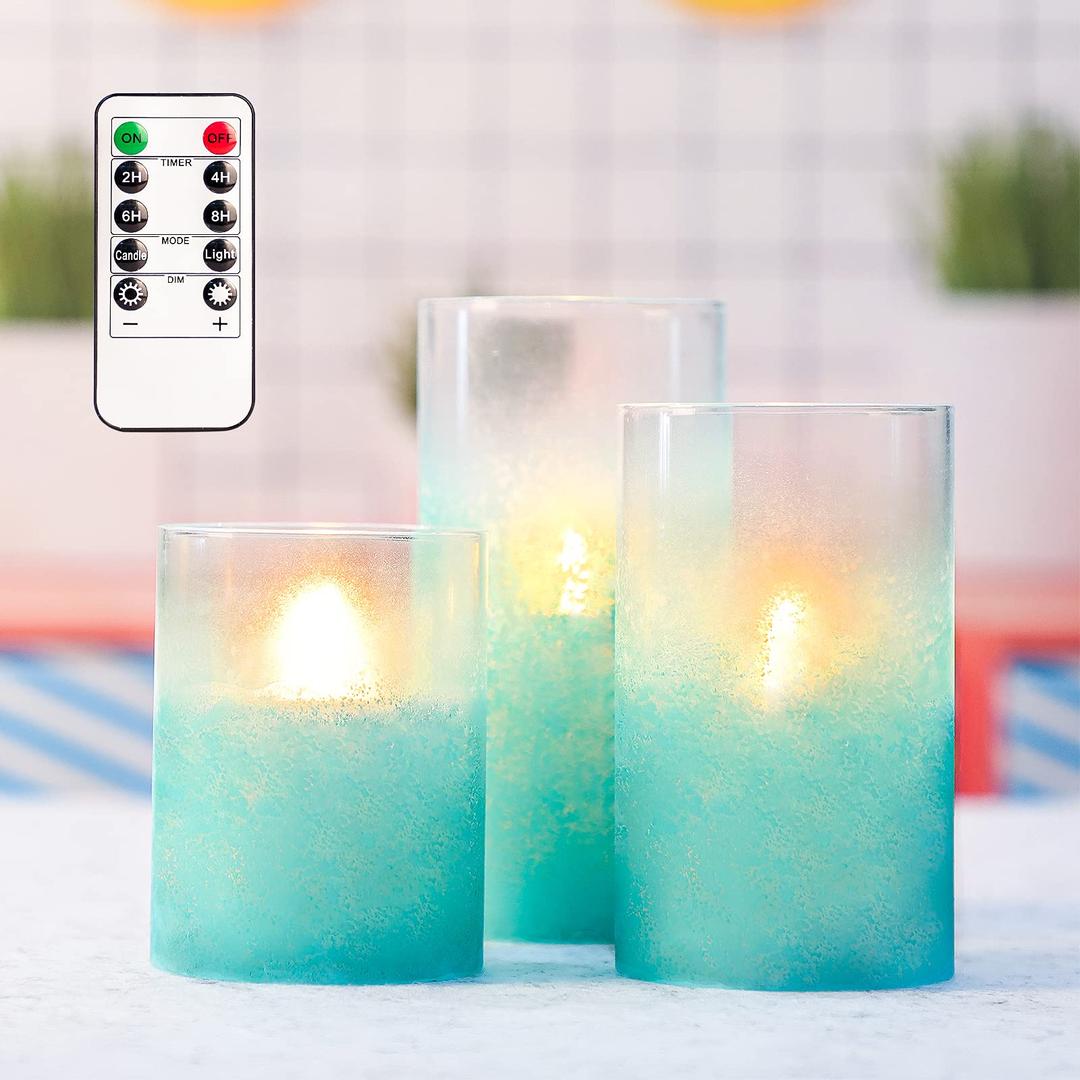 Crystal Club Flickering Flameless Candles with Timer, Real Wax Glass Effect Sandblast Candles, Battery Operated Ocean Theme LED Candles with Remote for Bathroom, Bedroom, Table Decoration