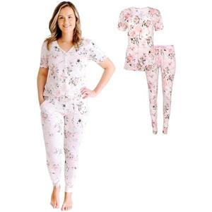 Posh Peanut Adult Pajamas Set - Two Piece Loungewear - Soft Viscose from Bamboo Nightwear PJs (Vintage Pink Rose, Womens - Large)