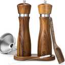2 Pack Acacia Wood Salt and Pepper Grinder Set 8 Manual Mills with Adjustable Ceramic Core, Stainless Steel, Tray, Spoon, Brush & Funnel Rustic Wooden Gift Set for Kitchen or Table
