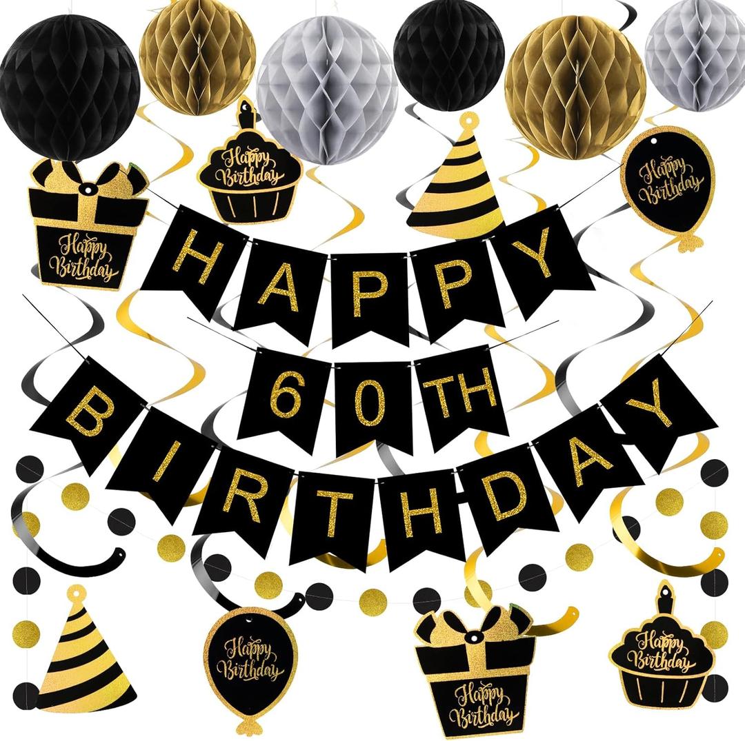 60th Birthday Decorations, Happy Birthday Banner with Honeycomb Balls, Gifts Hanging Swirl Streamers, Circle Dots Garland - Happy Birthday Party Decorations for Women Men (Black and Gold, 60th)