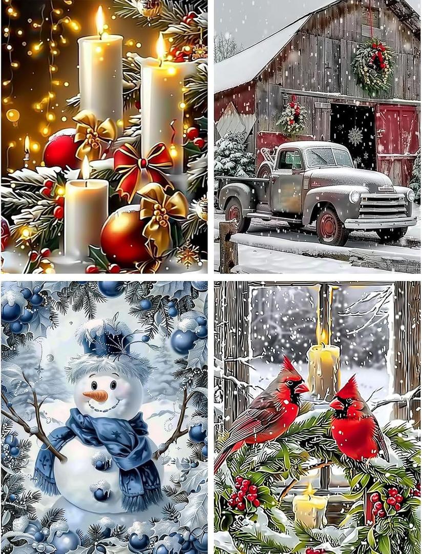 Skyboda 4 Pack Christmas Diamond Art Kits for Adults Beginners, 5D Full Drill DIY Diamond Dot Gem Art Kit Wall Home Decor Arts Craft 12x16 inch(Candles Truck Snowman Cardinal)