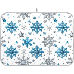Wfrish Winter Snowflakes And Stars Dish Drying Mats Merry Christmas Drying Mat with Hanging Loop Absorbent Dishes Drainer Pad Kitchen Counter Mat 18X24 In