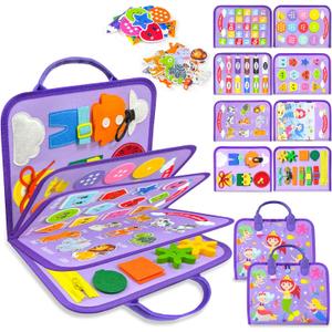 Walenty Busy Board Montessori Toys for Toddler Boy Girl Birthday Gifts, Busy Book Sensory Learning Toys for Toddlers, Educational Activities Airplane Car Travel Toy for Toddlers (Purple)