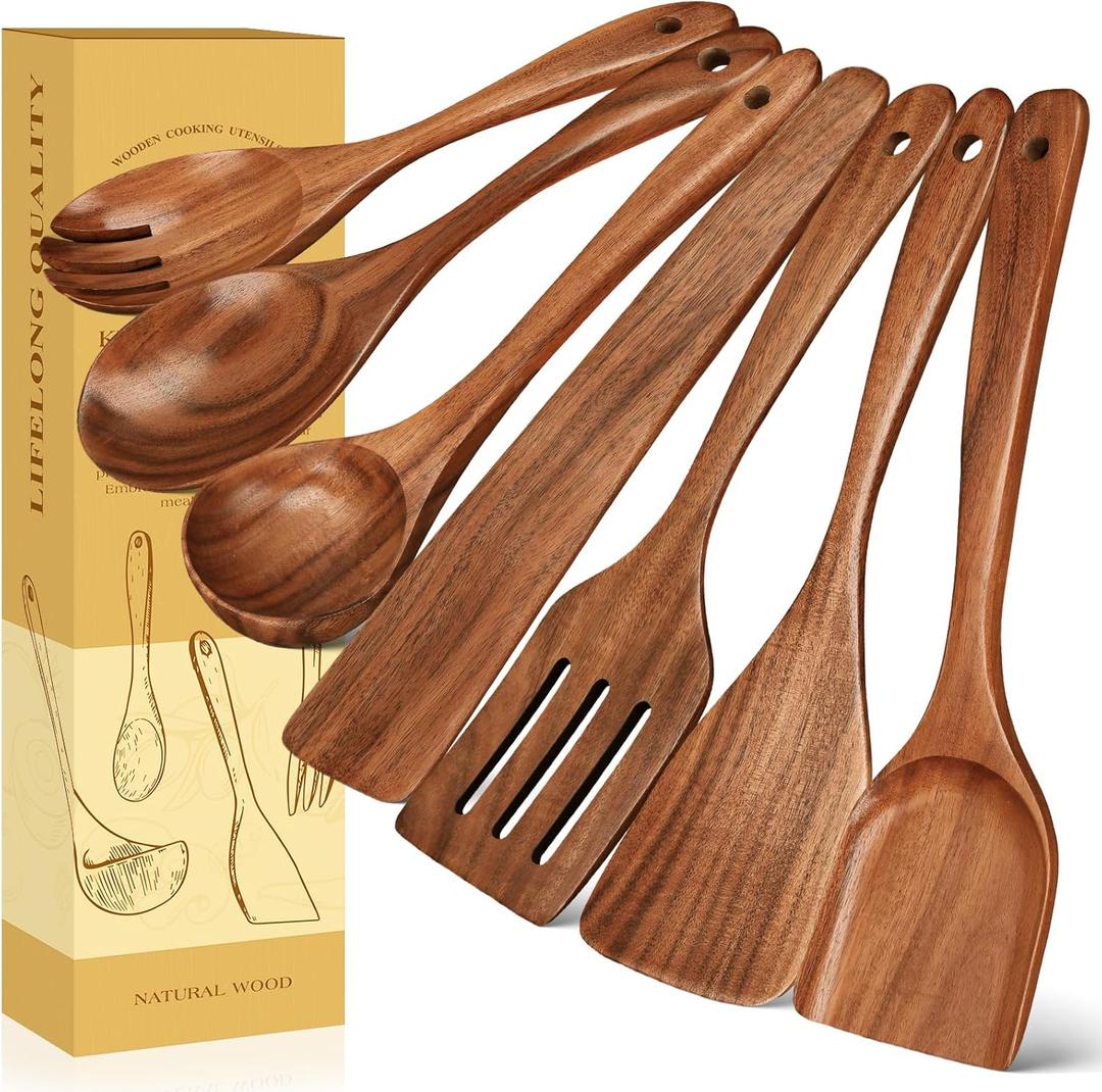 All Wood Cooking Utensils, Wooden Spoons for Cooking, 7 Piece Wood Kitchen Utensil Set, Non Toxic Teak Wood Spatula Spoon Turner, Heat Resistant Ladle, Salad Fork and Scraper for Cookware