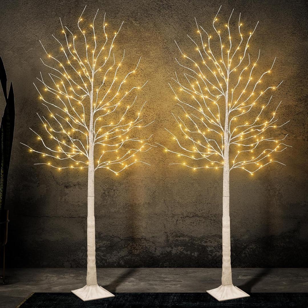2PK Lighted Birch Tree with 144 Warm White Lights, 8 Modes Prelit White Artificial Christmas Trees for Holiday Indoor Outdoor Decor Garden Wedding Party Bedroom Decoration (2 X 6ft)
