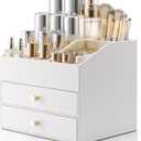 Vlando Makeup Organizer for Vanity,Large Capacity Countertop Organizer with Drawers, PU Leather Cosmetic Display Case for Lipstick,Brushes,Skincare,Nail polish and Bedroom Storage (White)