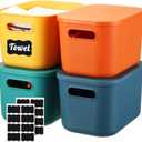 Tanlade 8 Pcs Plastic Storage Bins Stackable Baskets with Lid and Handle Colorful Desktop Storage Box Cubby Containers for Shelf Bedroom Office, Include 1 Erasable Marker, 16 Stickers (10 x 7 x 6 In)