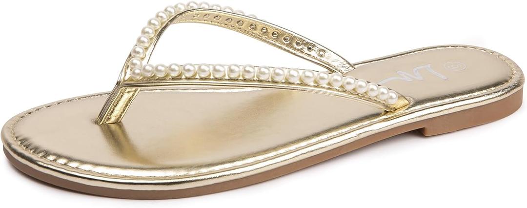 LM Women's Pearls Strappy Flat Sandals Thong Sandals Flip Flop Slip On Slide Sandals for Women Dressy Summer (11, Gold)