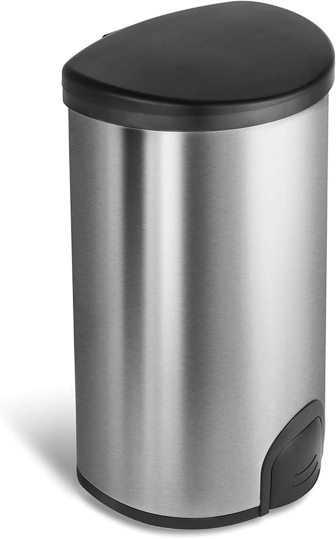 NINESTARS TTT-50-19 Automatic Tap Sensor Trash Can, 13 Gal 50L, Stainless Steel Base (D Shape, Black Lid)