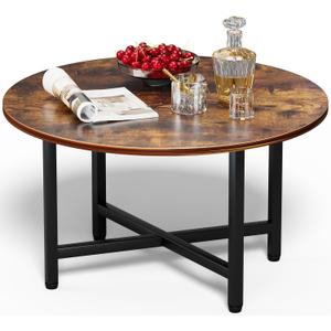 FAMIDGE Round Coffee Table, Small Coffee Tables for Living Room, Wood Coffee Table with Metal Frame, Floor Table Desk for Sitting on The Floor, Home, Office, Farmhouse, Rustic Brown (23.6"D x 17.7"H), Small 1T