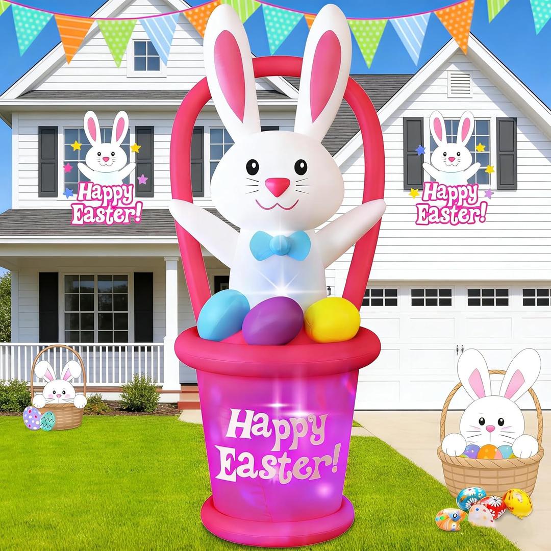 Danxilu 7 Foot Easter Inflatables Bunny Outdoor Decorations, Blow Up Rabbit with Basket Decor, Bright LED Lights Inflatable Yard Decoration for Holiday Party Indoor Garden Lawn Spring Dcor