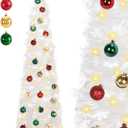 5 FT Pop Up Christmas Tree with Timer Lights and Decorations, White Tinsel Artificial Christmas Tree with 24 Balls Ornaments, Collapsible Pencil Tree for Xmas Home Office Party Decor