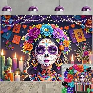 Dia De Los Muertos Backdrop Day of The Dead Sugar Skull Flowers Photography Background Mexican Fiesta Halloween Altar Party Decorations Banner Photo Props (10x8FT)