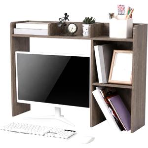 Briwooody Dorm Desk Bookshelf Desk Hutch Organizer with 5 Shelves and 3 Tier Desktop Hutch Storage Organizer for College Dorm Home Office Supply, 32.5 x 23.5 x 8 Inch(Grey)