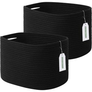 ECDYQXVU Cotton Rope Storage Basket, 15x10x9 Inches, Woven Basket for Shelves, Clothes, Toys, Towels, Books, and Laundry, Durable and Stylish, Black (2 Pack)
