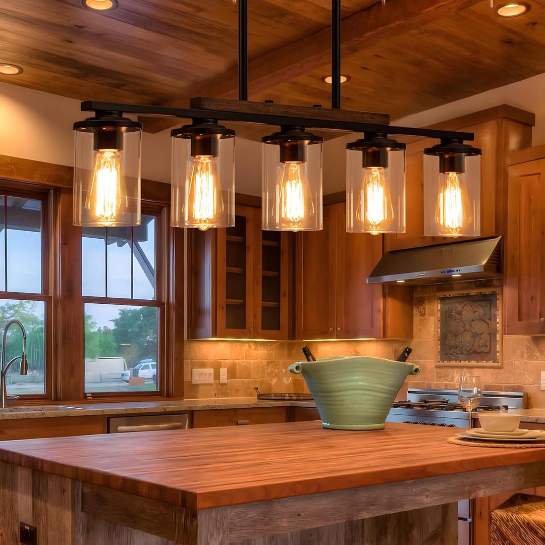 Farmhouse Dining Room Light Fixture, 2026 Upgrade 5-Light Pendant Lights Kitchen Island Lighting, 32.4" Black Farmhouse Chandeliers for Dining Room Chandelier Over Table with Wood Clear Glass Shade