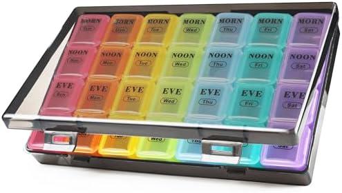 MOLN HYMY Pill Organizer 4 Times a Day, 7 Day Weekly Pill Box with 28 Big Compartments, Multicolor Portable Travel Medicine Planner for Vitamins, Fish Oils, Supplements (Rainbow, Large)