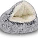 ShinHye Cozy Cat Bed - Round Plush Fluffy Hooded Cave, Indoor/Outdoor, Waterproof & Washable, Calming Anti-Anxiety Design - 23x23 Inch, Grey
