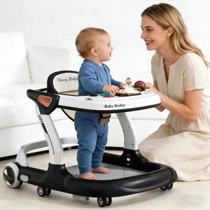 Baby Walker with Wheels Music and Lights with 9 Adjustable Heights Anti-Fall Baby Walker and Bouncer Combo for Boys Girls Babies 6-18 Months, Black