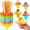 Jnnzzggu 200Pcs 4 oz Colorful Flower Snow Cone Cups with Spoon Straws, Plastic Shaved Ice Cups, Reusable Ice Cream Snack Small Bowls for Kids, Holiday, Birthday Party, Summer Cookout