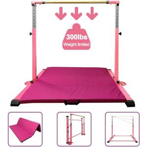 Gymnastics Kip Bar for Home Indoor Training,Horizontal Bar for Kids Girls Junior,Adjustable Arms from 3' - 5' Gym Equipment,1-4 Levels,300lbs Weight Capacity (LIGHTPINK)