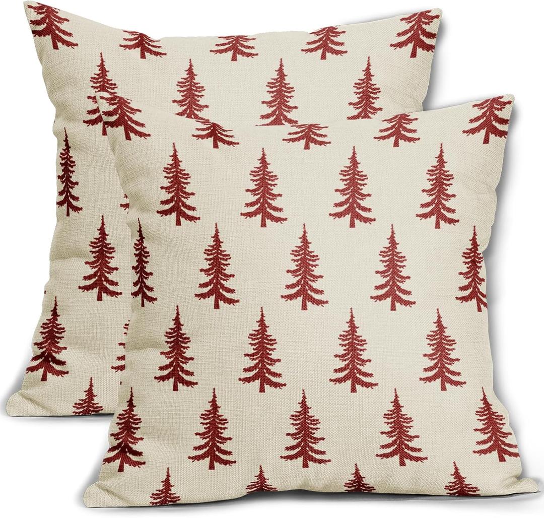Christmas Tree Pillow Covers 18x18 Set of 2 Red Xmas Rustic Style Winter Print Decorative Outdoor Pillowcases Farmhouse Vintage Holiday Decorations Throw Cushion Case Decor for Couch Sofa Bed