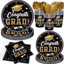 140PCS Graduation Party Supplies Congrats Grad Plates and Napkins Graduation Party Decorations Black Gold Disposable Tableware Set Congrats Grad Party Paper Plates, Serve 20 Guest