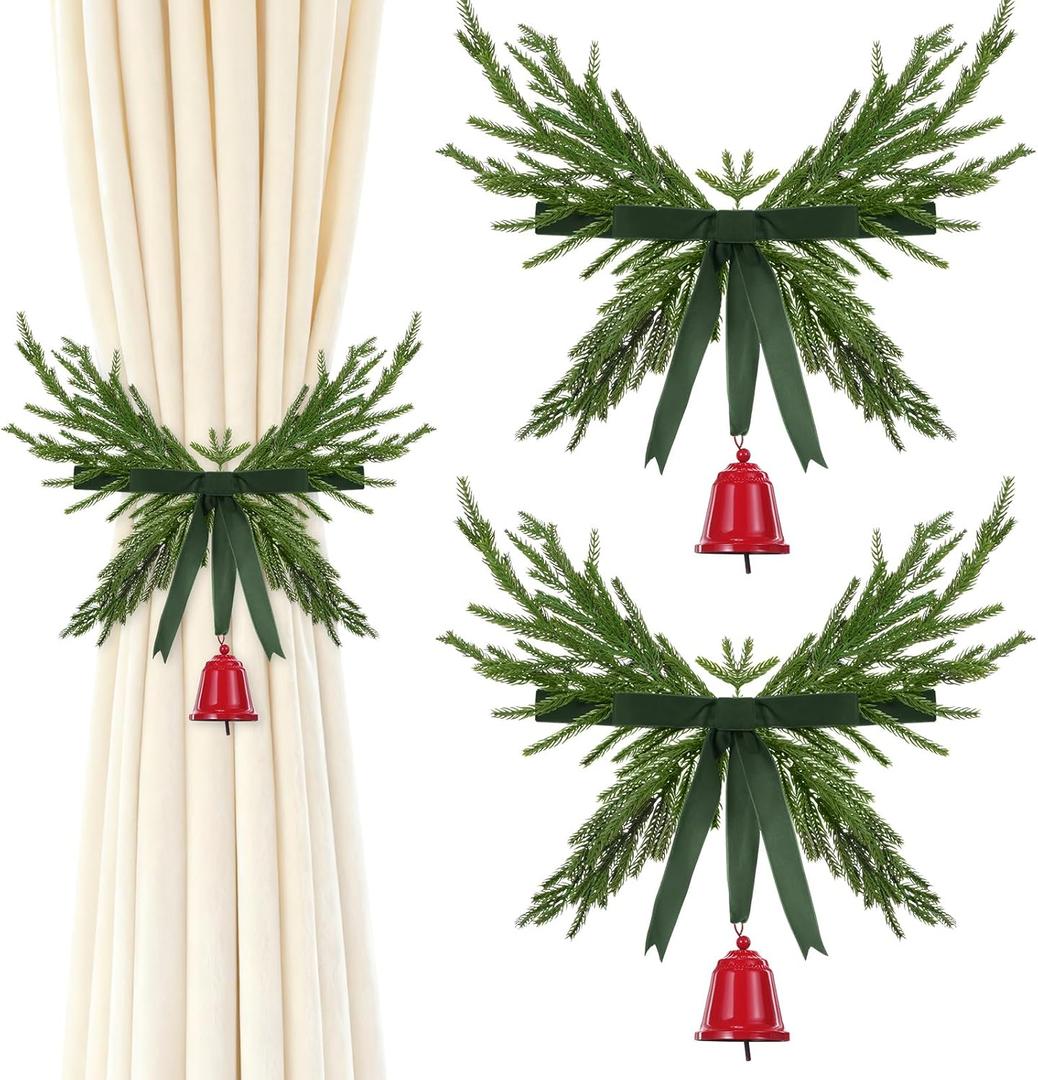 Suncalla 2 Pcs Christmas Wreath Curtain Tieback Buckle with Velvet Ribbon Bow and Bells Christmas Curtain Holdbacks Fastener for Xmas Holiday Window Home Decoration (Green, Red)