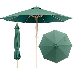 9FT/10FT Wood Patio Umbrella, Large Outdoor Table Umbrella with 205G Olefin/180G Yarn-Dyed Fabric, Push-Pull Operation, 8-Rib Vented Canopy Ideal for Patio, Backyard & Garden