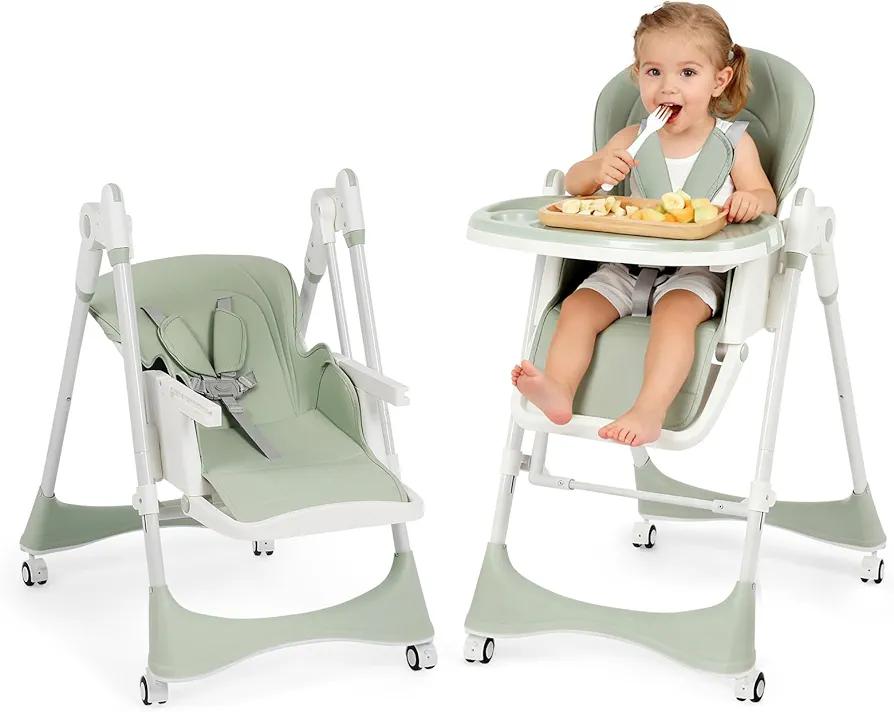 3-in-1 Baby High Chair with Soothing Rocker | Convertible Baby High Chair for babies and Toddlers | Brake Wheels, Easy Clean, Space Saving | Adjustable, Removable Tray (Green)