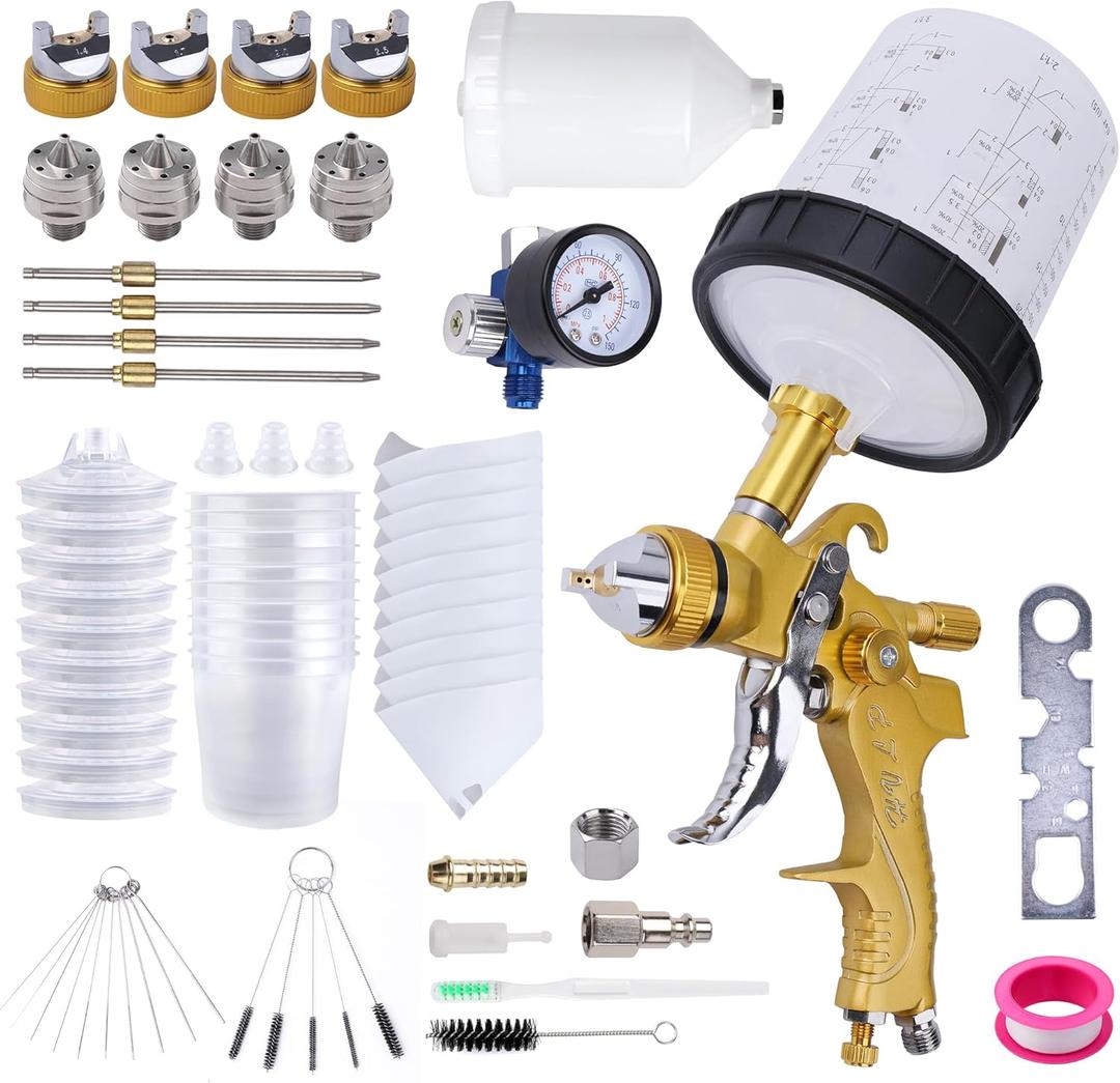 HVLP Spray Gun with 10Pcs 600ML Disposable Paint Cups, 4 Nozzles,1.4/1.7/2.0/2.5mm, Automotive Gravity Feed Paint Spray Gun Kit with Air Compressor Regulator for Auto (Gold)