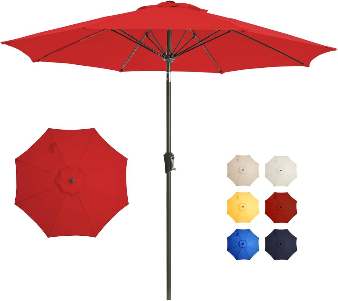 9FT Large Outdoor Patio Umbrella Pool Market Umbrella-UV Resistant, Easy Push Button Tilt and Crank, 8 Sturdy Ribs Heavy-Duty Table Umbrella for Deck, Backyard, Garden(Red)