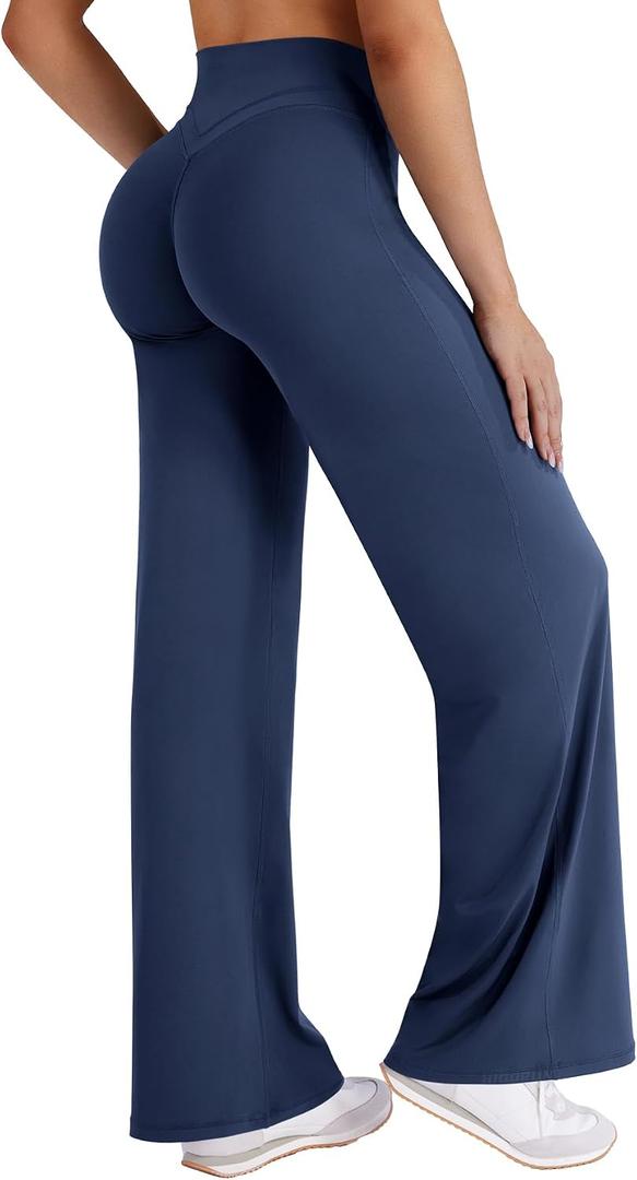 HIGORUN Straight Leggings Bottoms High Waisted No Front Seam Workout Leggings for Women 31" Wide Leg Casual Gym Yoga Pants (Blue, XL)